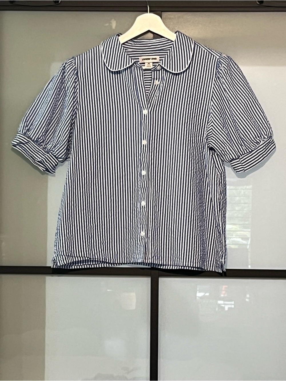 Lands’ End Blue White Seersucker Puff Sleeve Blouse M